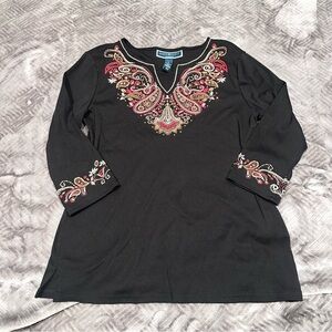 Karen Scott Petite Embroidered and Beaded Black Top with Paisley Design